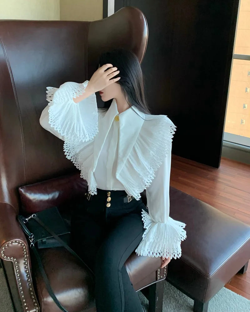 Fashion Korean Chic Lace Ruffled Blouses Women