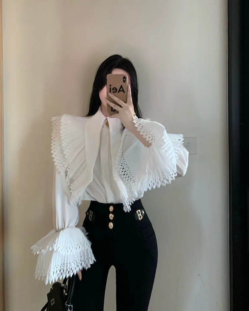 Fashion Korean Chic Lace Ruffled Blouses Women