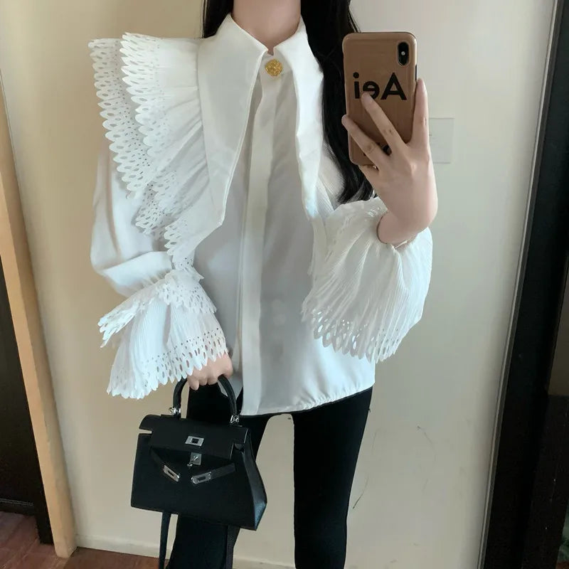 Fashion Korean Chic Lace Ruffled Blouses Women