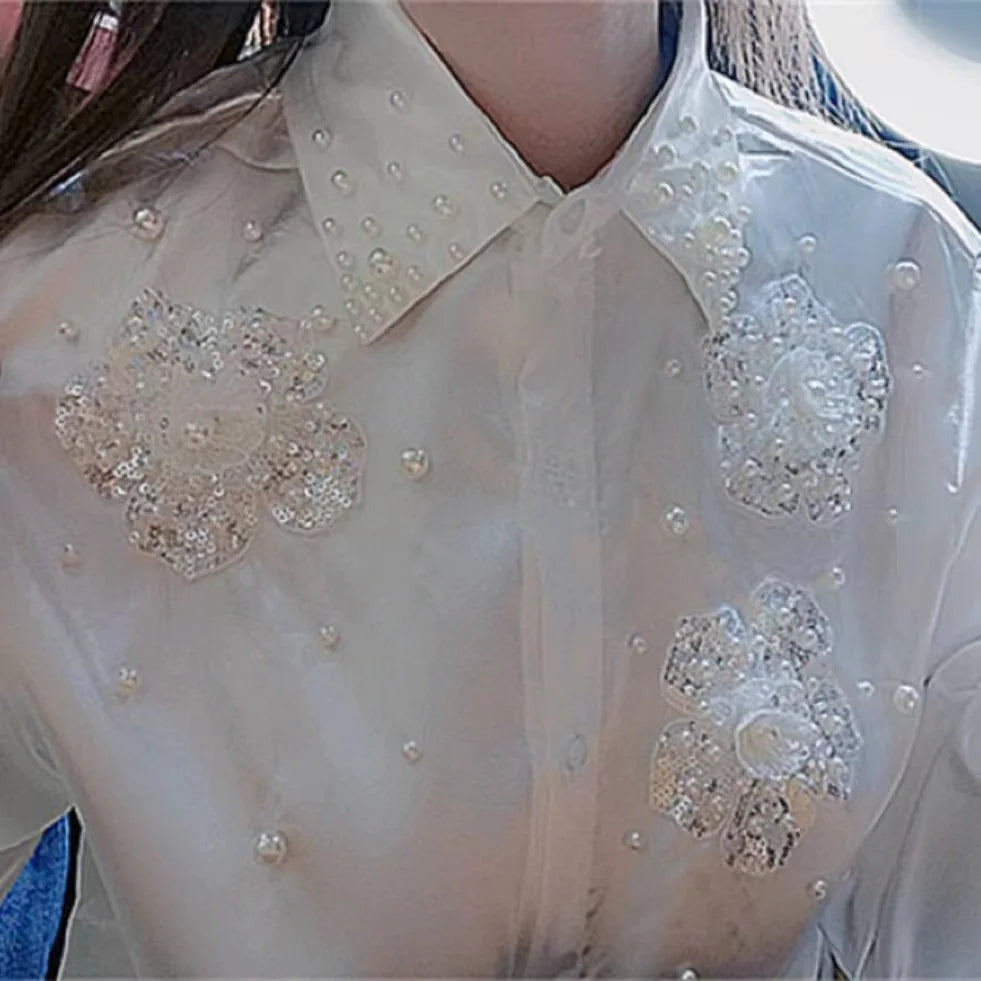 Luxury Style Peals Beaded Sequined White Blouses