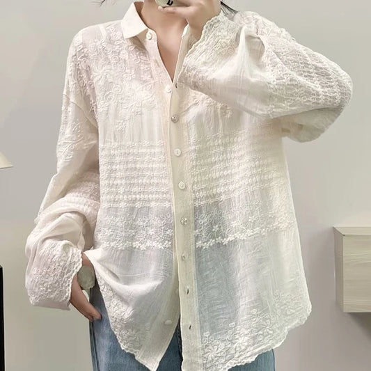 Cotton Floral Embroidery Long Sleeve Shirt