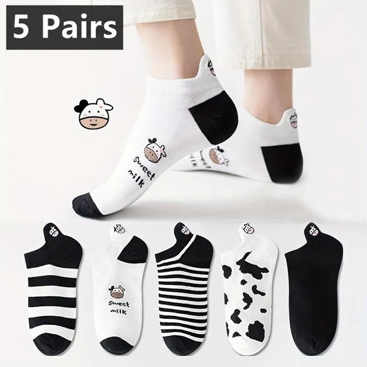 5 Pairs Womens Lovely Cow Pattern Short Socks