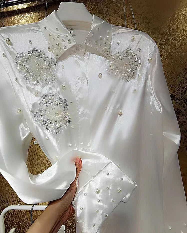 Luxury Style Peals Beaded Sequined White Blouses