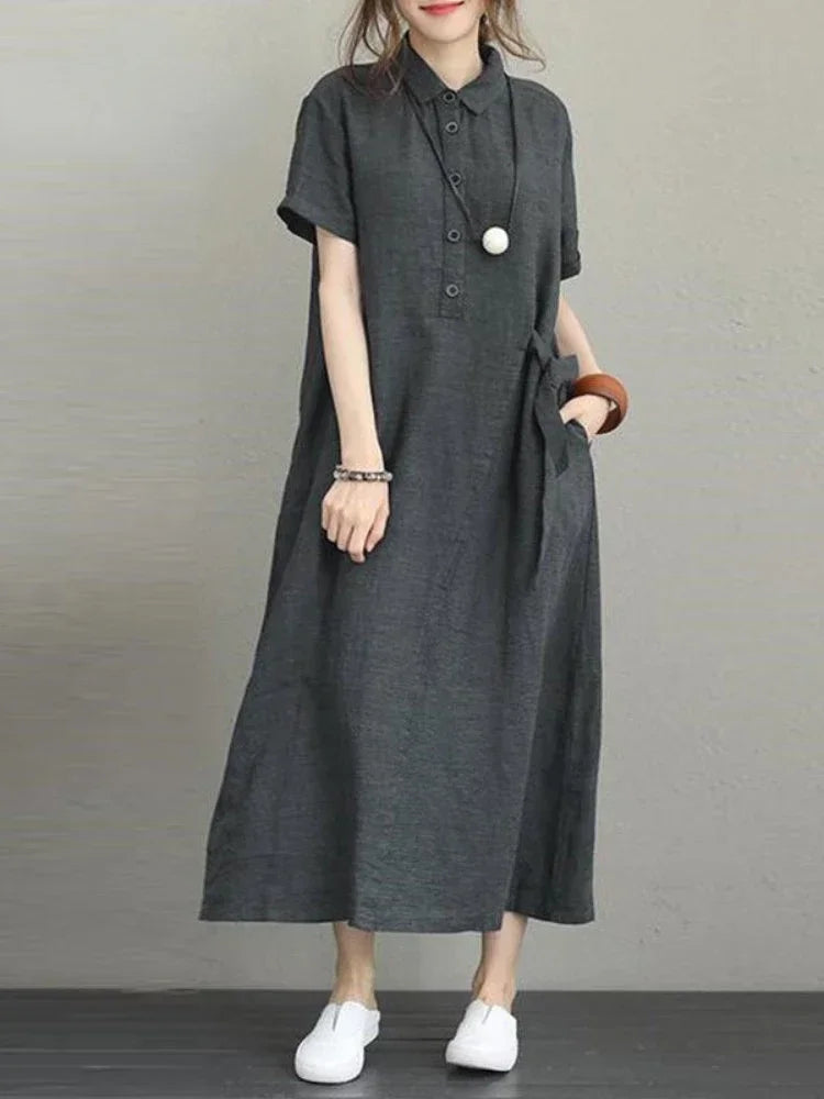 Women Cotton Linen Short-sleeved Dress