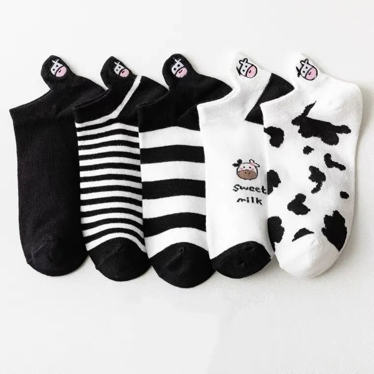 5 Pairs Womens Lovely Cow Pattern Short Socks