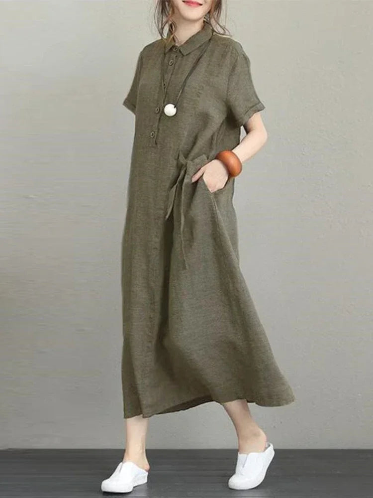 Women Cotton Linen Short-sleeved Dress