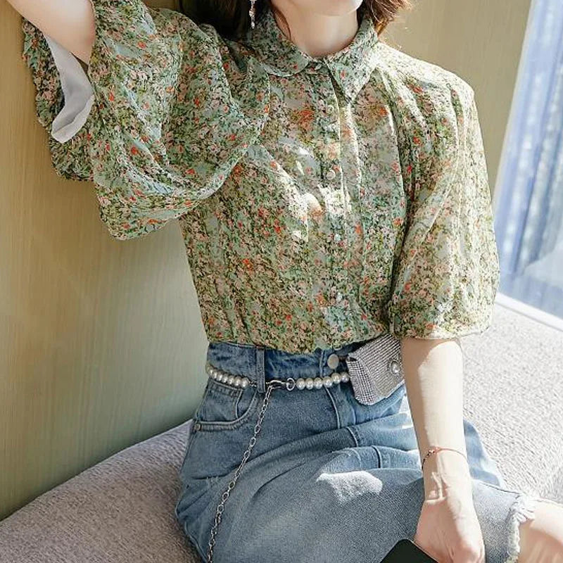 Women's Loose Elegant Puff Sleeve Floral Printed Blouse