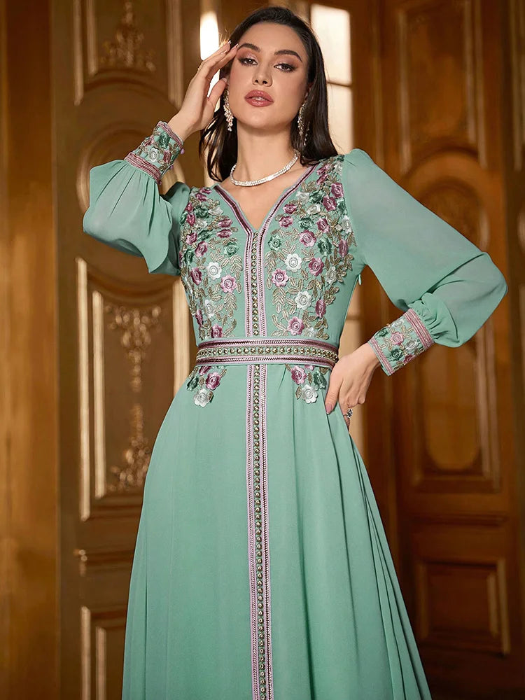 Women's Arabian Style Floral Embroidery  2024 Luxury Elegant Kaftan Jalabiya Eid Dresses