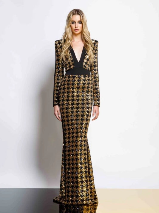 Sexy V Neck Bird Lattice Sequins Maxi Dress