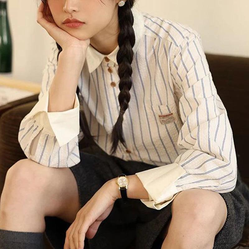 Spring Autumn Preppy Style Polo-neck Striped Blouse