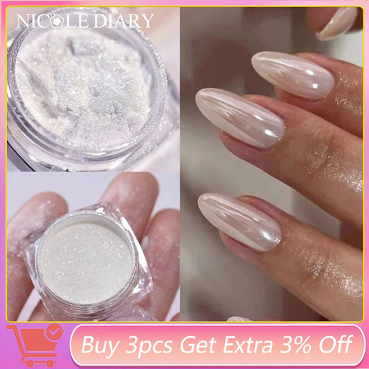 Pearl White Nails Glitter Dust Chrome Moonlight