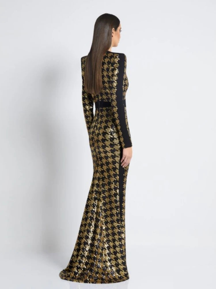 Sexy V Neck Bird Lattice Sequins Maxi Dress