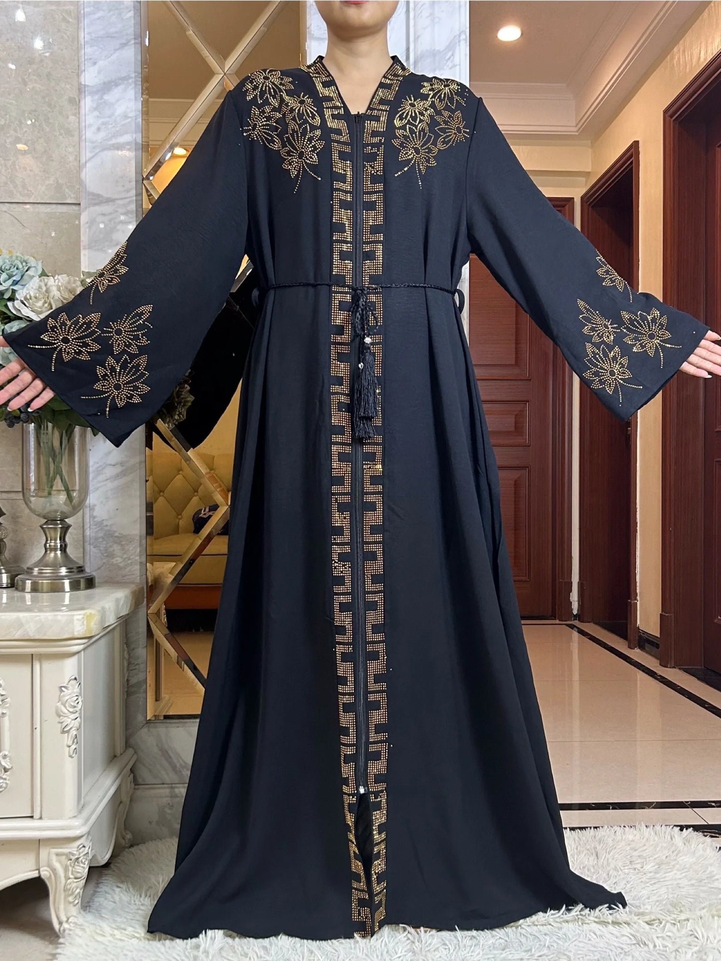 New Women Elegant Dress Chiffon Open Abaya with Zipper Muslim Women Dress