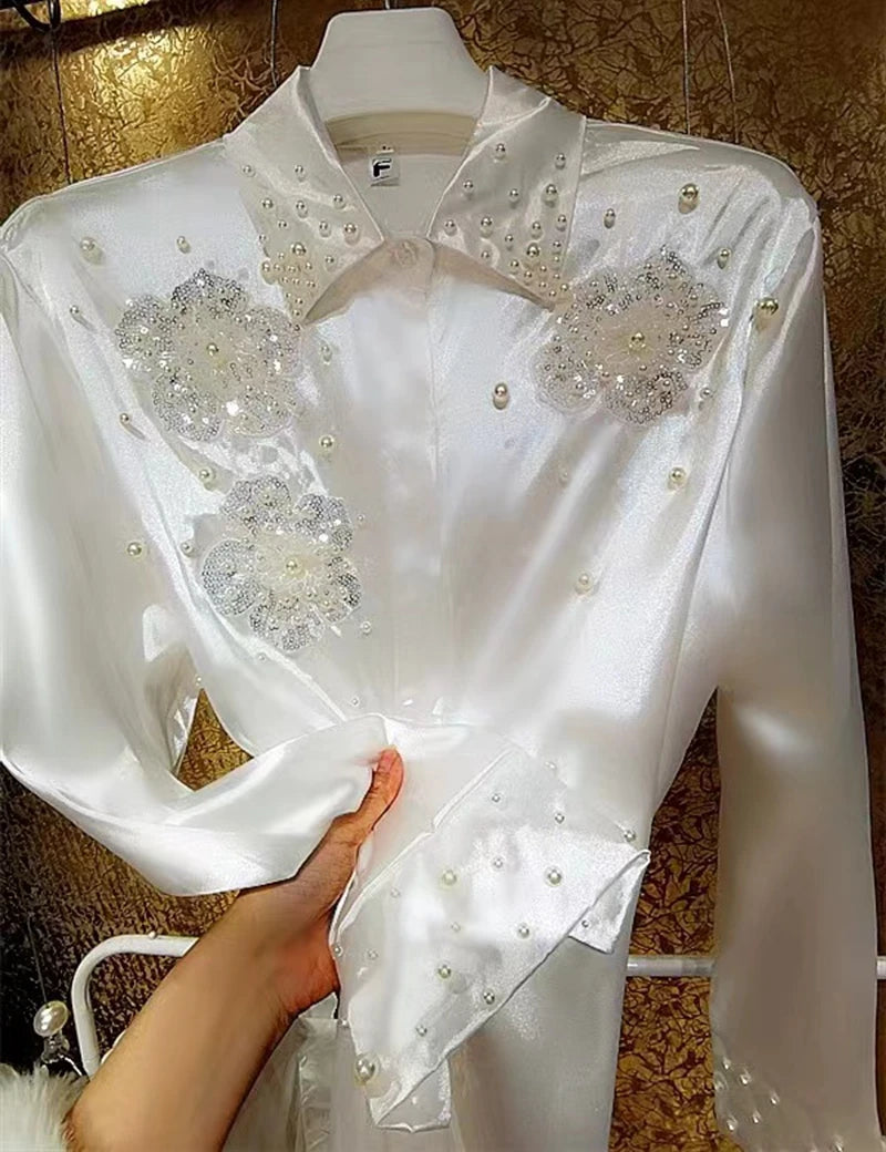 Luxury Style Peals Beaded Sequined White Blouses