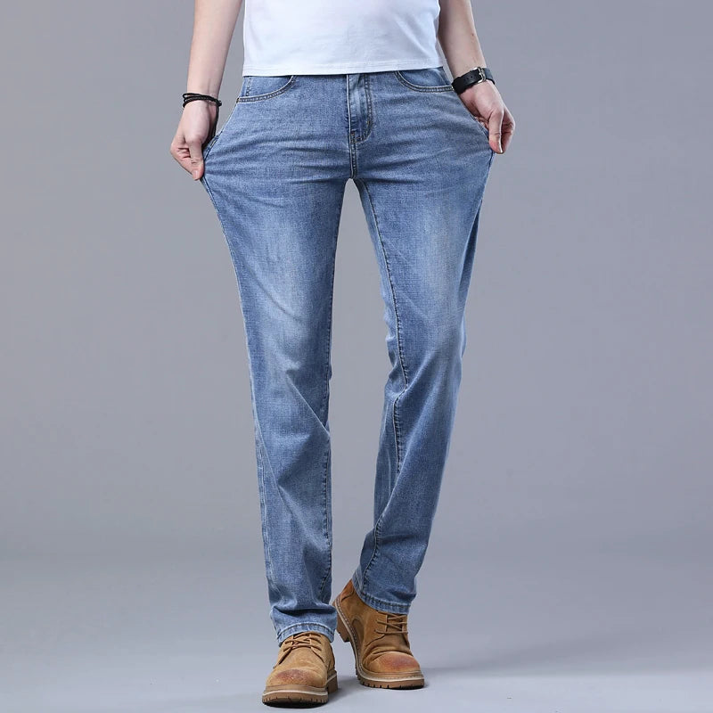 Spring and Summer Thin Men's Light Blue Slim Jeans