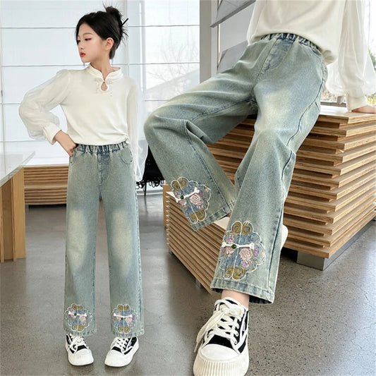 Chinese Style Embroidered Pearls Youngsters Denim Pants