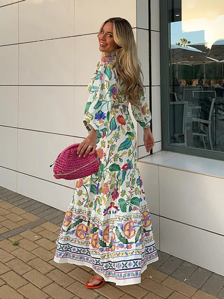 Flower Printed Hollow Out Women's Maxi Dresses