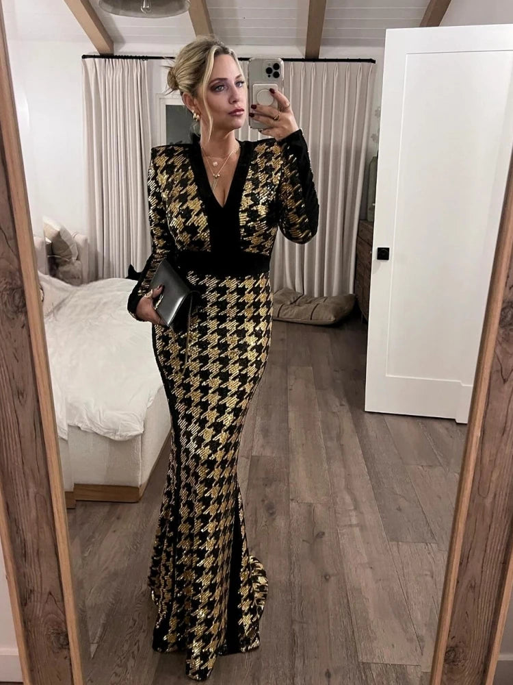 Sexy V Neck Bird Lattice Sequins Maxi Dress