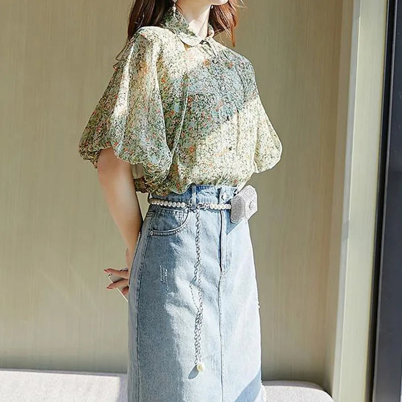 Women's Loose Elegant Puff Sleeve Floral Printed Blouse