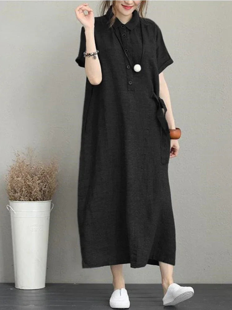 Women Cotton Linen Short-sleeved Dress