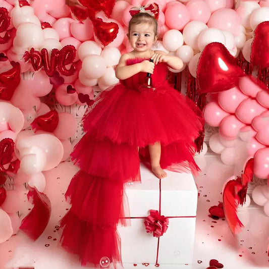 Red Puffy Tulle Flower Girls Dress