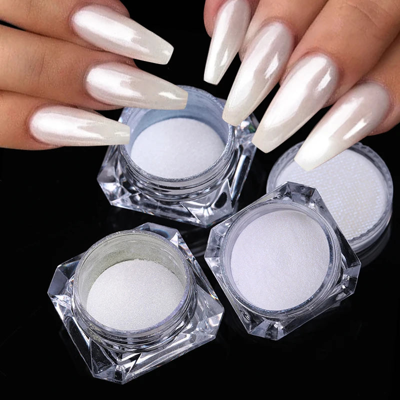 Pearl White Nails Glitter Dust Chrome Moonlight