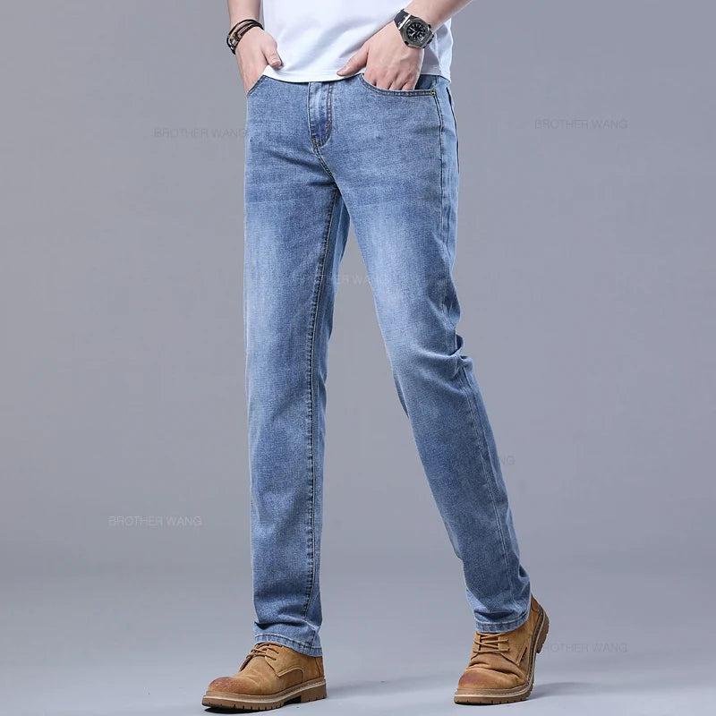 Spring and Summer Thin Men's Light Blue Slim Jeans