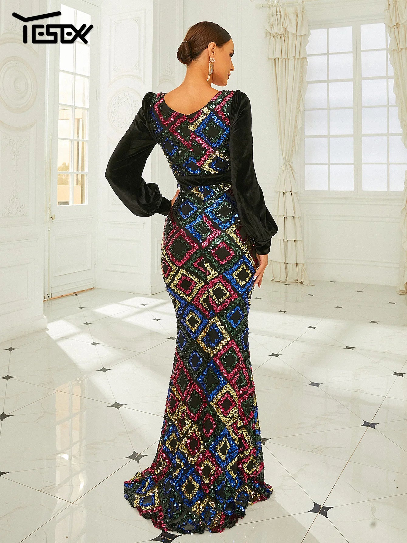 New Round Neck Black Long Sleeve Evening  Dresses