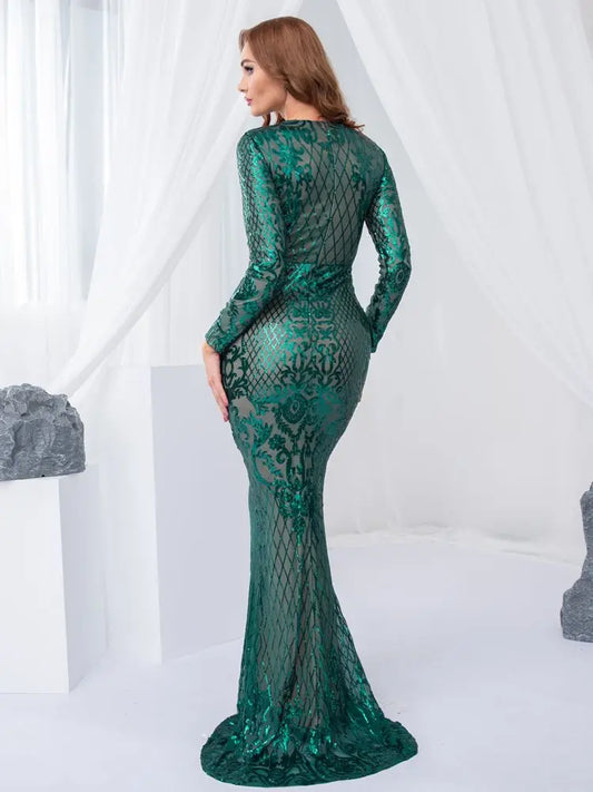 Modest Green Full Sleeve O Neck Evening Dress