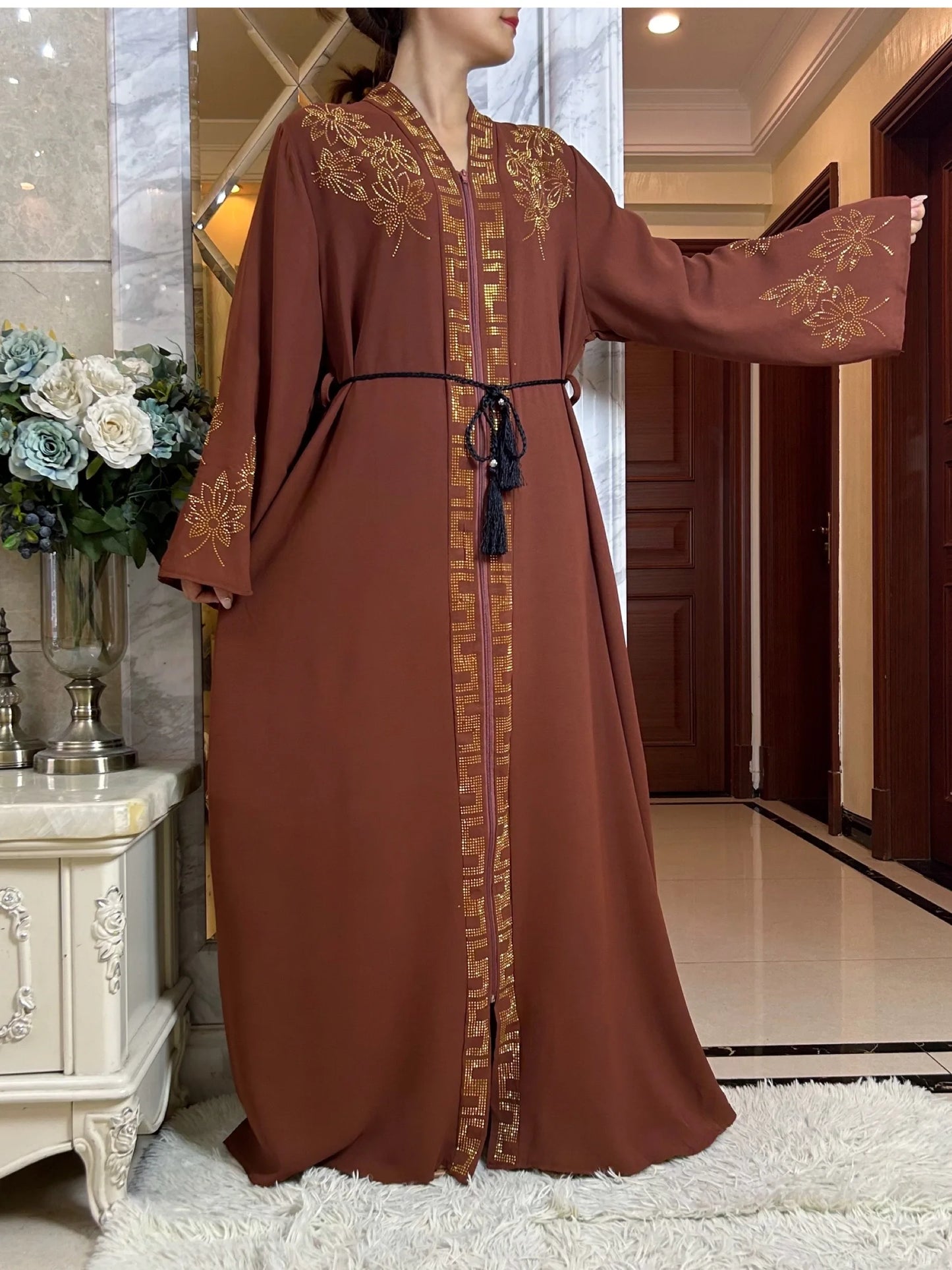 New Women Elegant Dress Chiffon Open Abaya with Zipper Muslim Women Dress