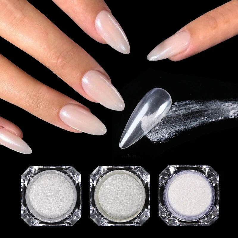 Pearl White Nails Glitter Dust Chrome Moonlight