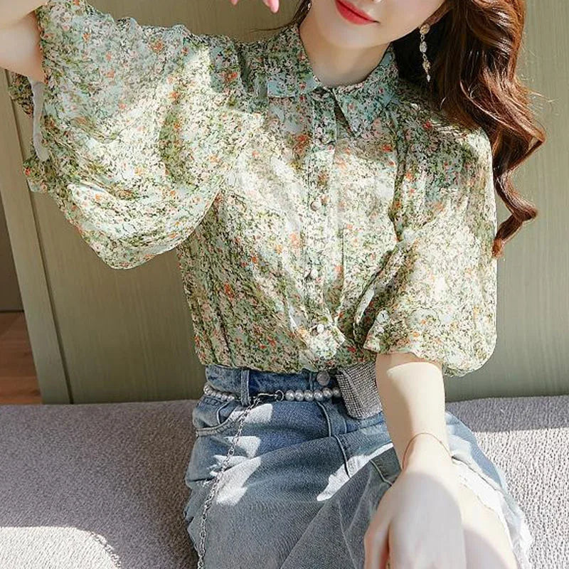 Women's Loose Elegant Puff Sleeve Floral Printed Blouse