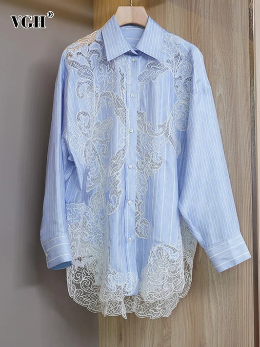 VGH Striped Patchwork Lace Casual Shirt