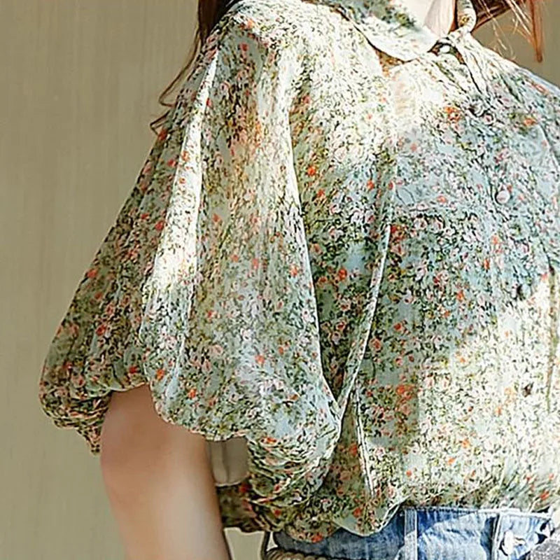 Women's Loose Elegant Puff Sleeve Floral Printed Blouse