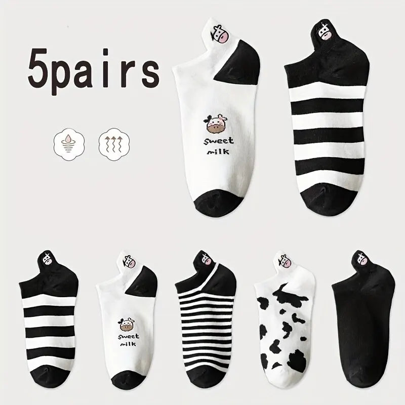 5 Pairs Womens Lovely Cow Pattern Short Socks