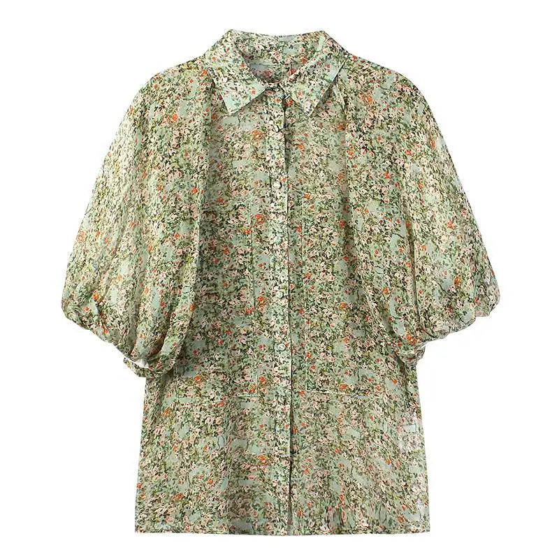 Women's Loose Elegant Puff Sleeve Floral Printed Blouse