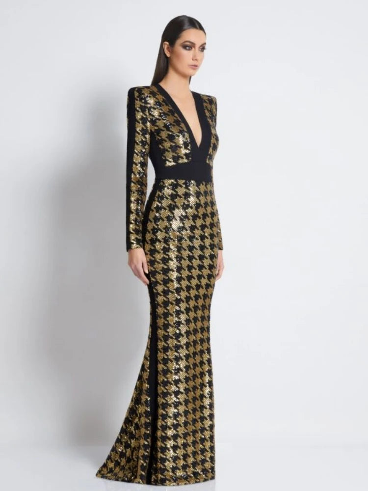 Sexy V Neck Bird Lattice Sequins Maxi Dress