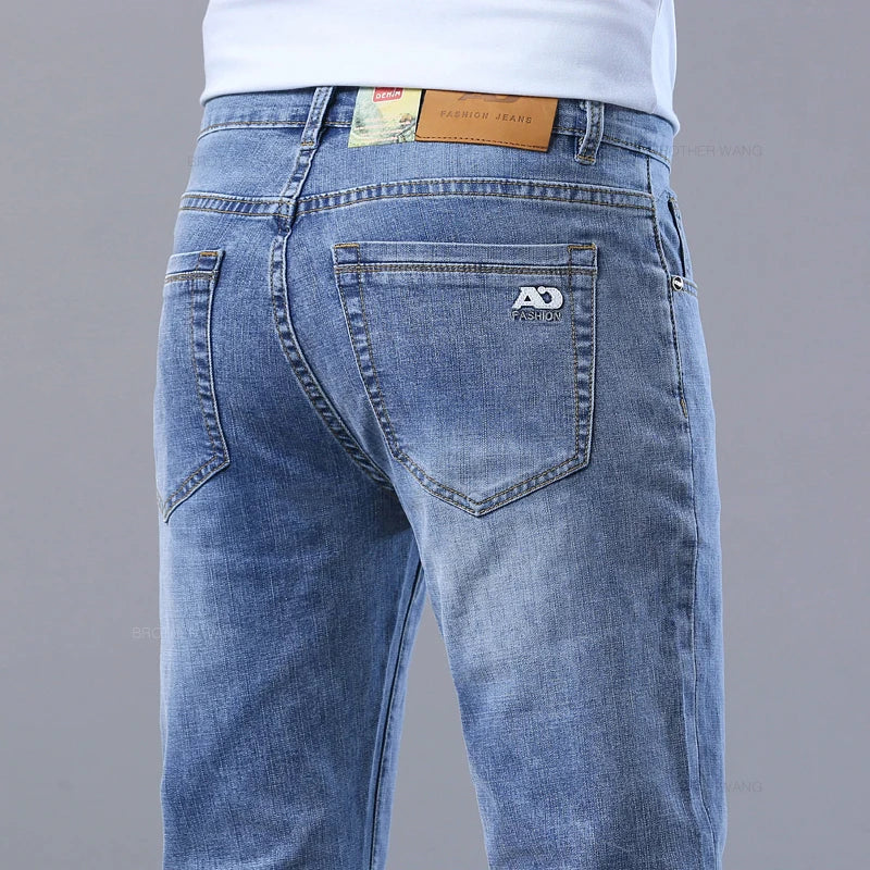 Spring and Summer Thin Men's Light Blue Slim Jeans