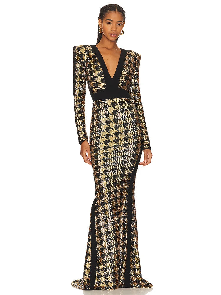 Sexy V Neck Bird Lattice Sequins Maxi Dress