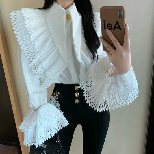 Fashion Korean Chic Lace Ruffled Blouses Women